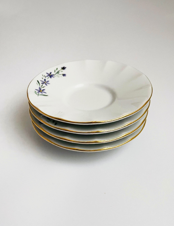 Mor Çiçek Figürlü Sarı Yaldızlı Çay Tabağı