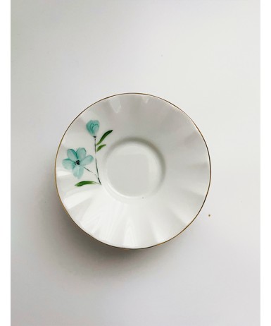 Turkuaz Çiçek Figürlü Çay Tabağı Sarı Yaldızlı