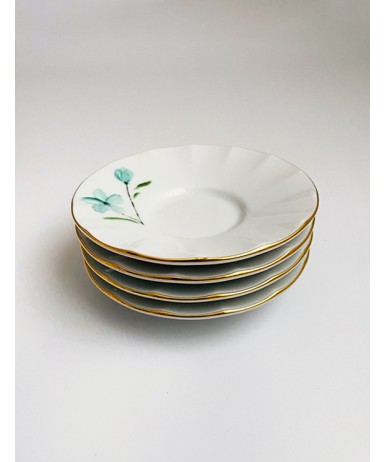 Turkuaz Çiçek Figürlü Çay Tabağı Sarı Yaldızlı