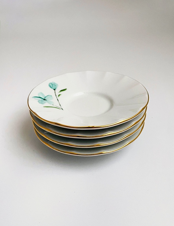 Turkuaz Çiçek Figürlü Çay Tabağı Sarı Yaldızlı